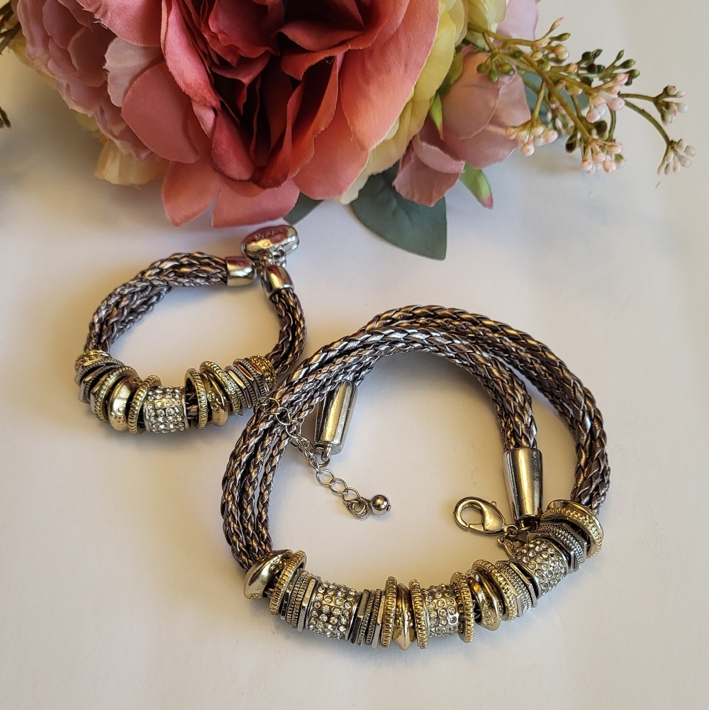 Chico's Bisma Braided Necklace & Bracelet Set Boho Statement Charm Jewelry 18"